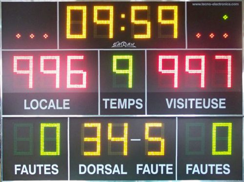 Marcador electrónico deportivo con 18 Digitos de 18 cm. de altura. Especialmente preparado para deportes como baloncesto, fútbol sala, voleyball, minibasquet, hockey sobre patines, etc.